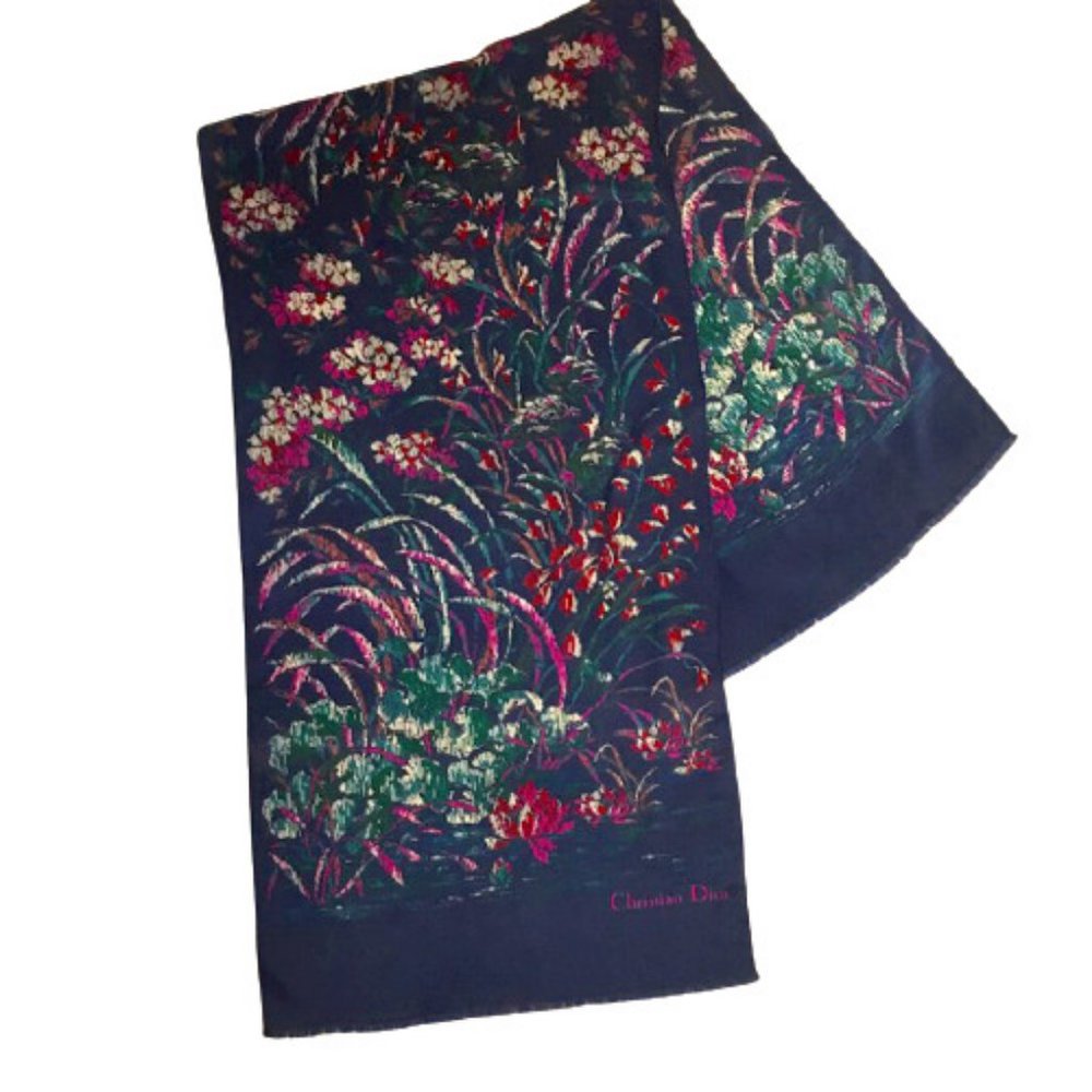 Christian Dior Silk Scarf Vintage Floral Royal Blue